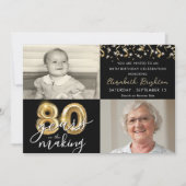 Invitation 80e anniversaire 2 photos Black Gold Ballons Scrip (Devant)