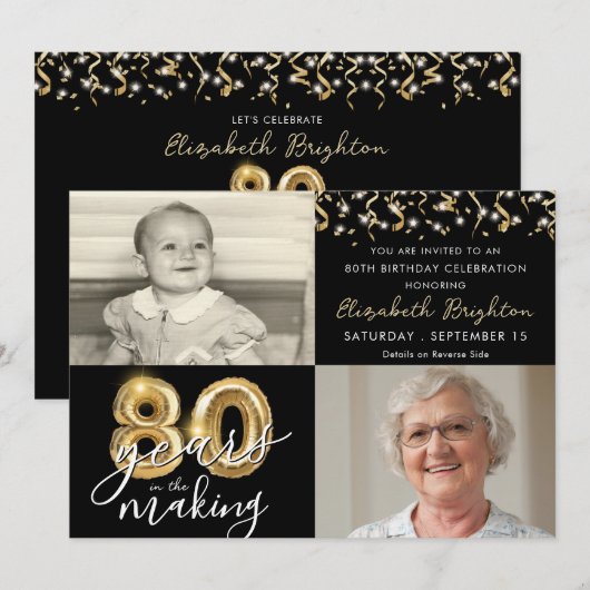 Invitation 80e anniversaire 2 photos Black Gold Ballons Scrip (Devant / Derrière)