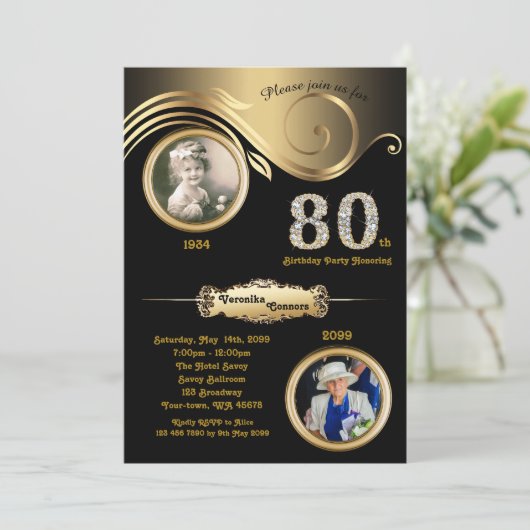 Invitation 80e anniversaire, 80e anniversaire, art déco, or n (Debout devant)