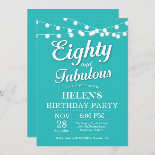 Invitation 80e anniversaire Aqua Turquoise Fabuleu (Devant / Derrière)