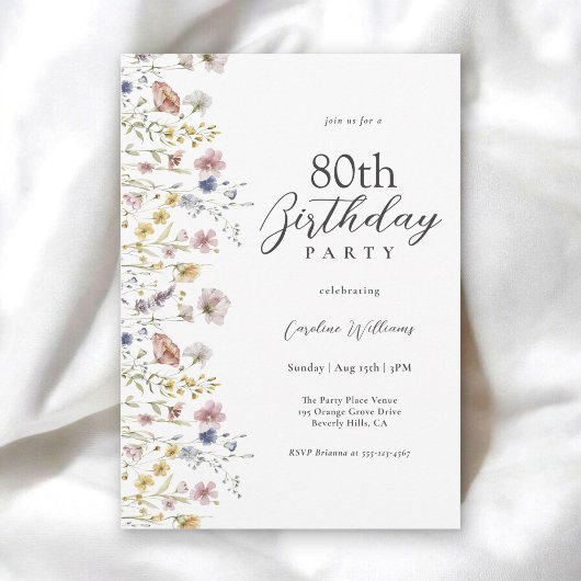 Invitation 80e anniversaire Aquarelle Fleur sauvage Floral