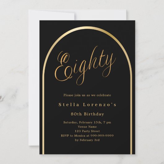 Invitation 80e anniversaire arc en or noir élégant script (Devant)