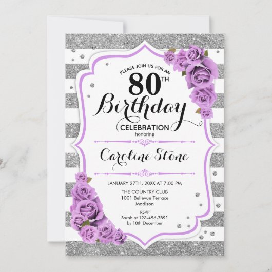 Invitation 80e anniversaire - Argent blanc rayures Roses viol (Devant)