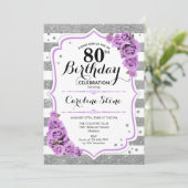 Invitation 80e anniversaire - Argent blanc rayures Roses viol (Debout devant)