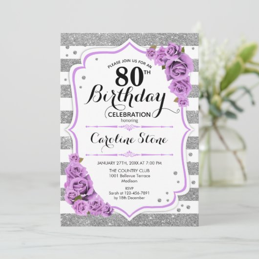 Invitation 80e anniversaire - Argent blanc rayures Roses viol (Debout devant)