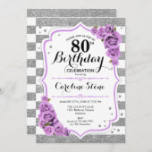Invitation 80e anniversaire - Argent blanc rayures Roses viol (Devant / Derrière)