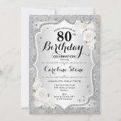 Invitation 80e anniversaire - Argent rayures Roses blanches (Devant)