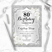 Invitation 80e anniversaire - Argent rayures Roses blanches