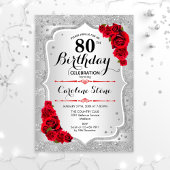 Invitation 80e anniversaire - Argent rayures Roses rouges