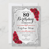 Invitation 80e anniversaire - Argent rayures Roses rouges (Devant)