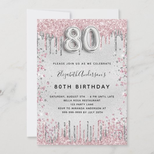 Invitation 80e anniversaire argent rose parties scintillant p (Devant)