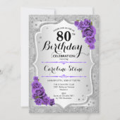 Invitation 80e anniversaire - Argent Stripes Roses violets (Devant)