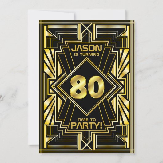 Invitation 80e anniversaire Art Déco Gold Black Great Gatsby (Devant)