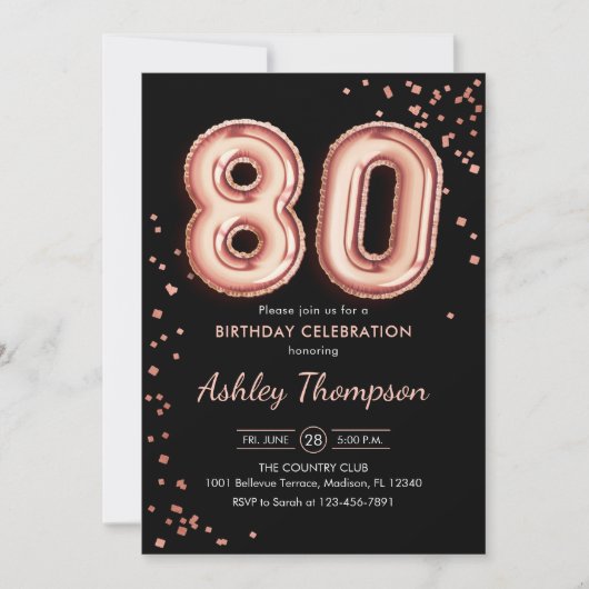 Invitation 80e anniversaire - Ballons d'or Rose Noir (Devant)