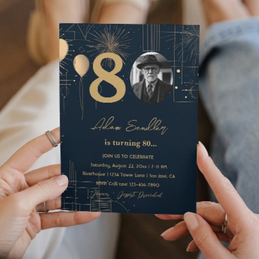 Invitation 80e anniversaire ballons et feux d'artifice