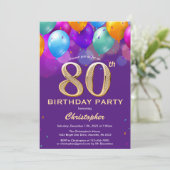 Invitation 80e anniversaire Ballons violets et dorés (Debout devant)