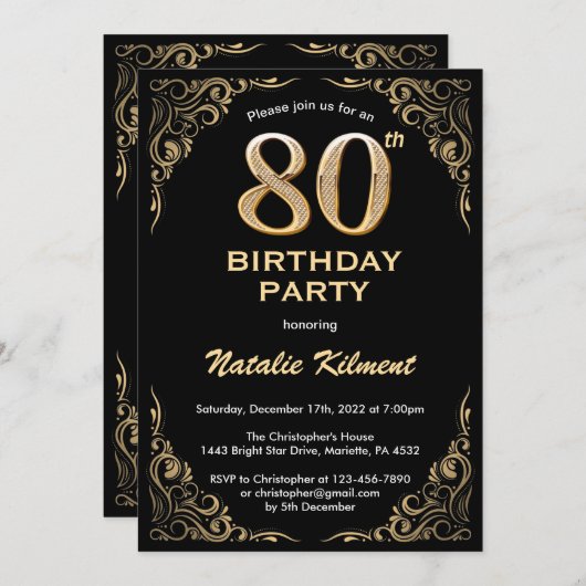 Invitation 80e anniversaire Black and Gold Parties scintillan (Devant / Derrière)