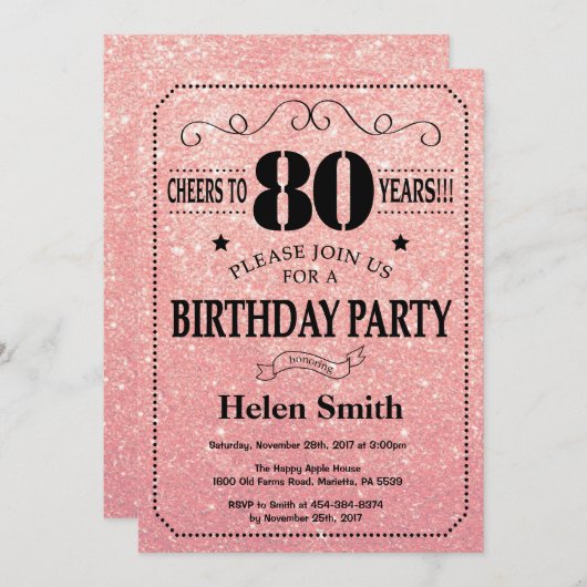 Invitation 80e anniversaire Black and Rose Rose Parties scint (Devant / Derrière)