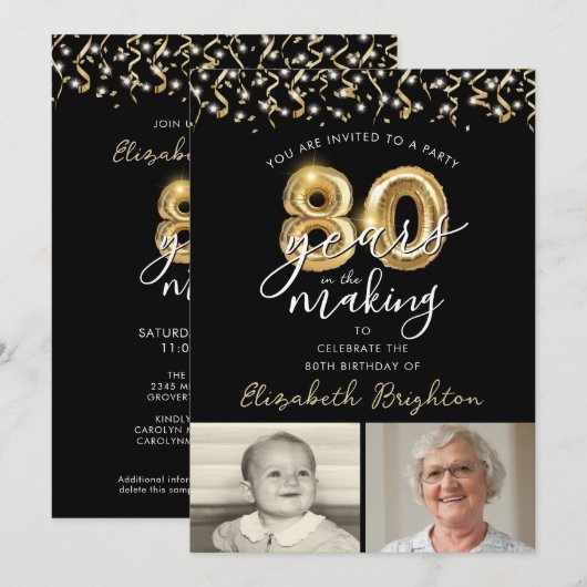 Invitation 80e anniversaire Black Gold 2 Photos Ballons (Devant / Derrière)