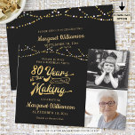 Invitation 80e anniversaire Black Gold 80 ans dans la fabrica<br><div class="desc">Invités Invitations à une fête d'anniversaire 80 ANS DANS LA FABRICATION avec ces invitations en noir et or modifiables festives avec une typographie rétro design titre, lumières à cordes et personnalisées avec 2 photos (peut-être utiliser les photos d'Alors et maintenant pour un souvenir mémorable). CONSEIL PHOTO : Choisissez des photos...</div>