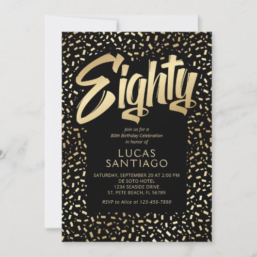 Invitation 80e anniversaire Black Gold Confetti (Devant)