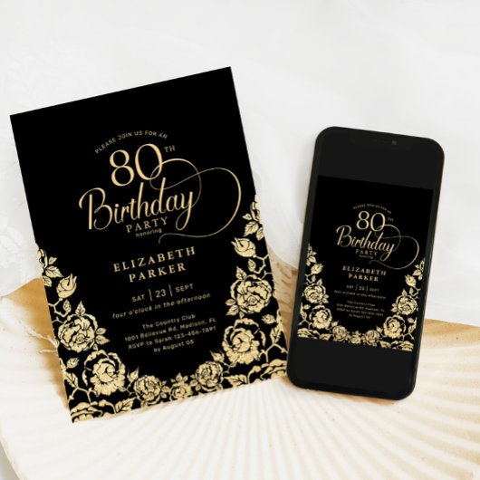 Invitation 80e anniversaire Black Gold Roses