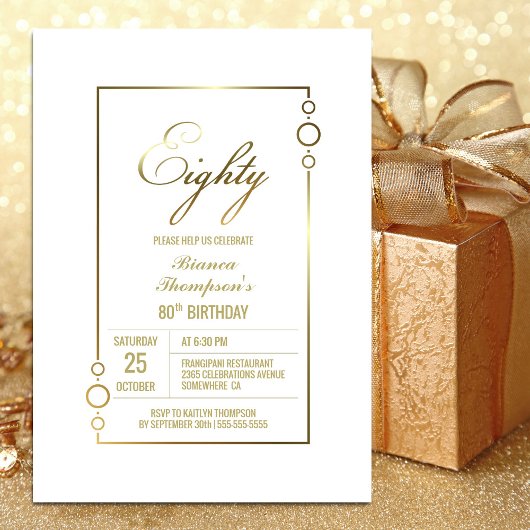 Invitation 80e anniversaire Blanc avec Gold Frame Party