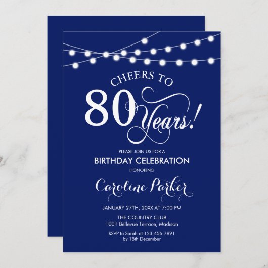 Invitation 80e anniversaire - Bleu bleu marine (Devant / Derrière)