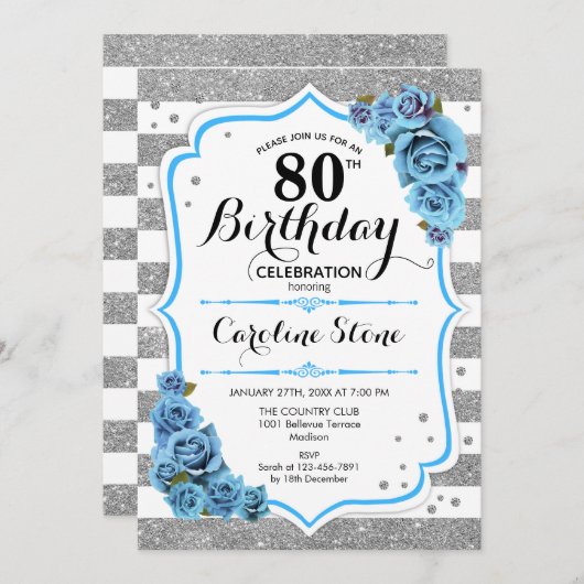 Invitation 80e anniversaire - Bleu Silver White Stripes (Devant / Derrière)