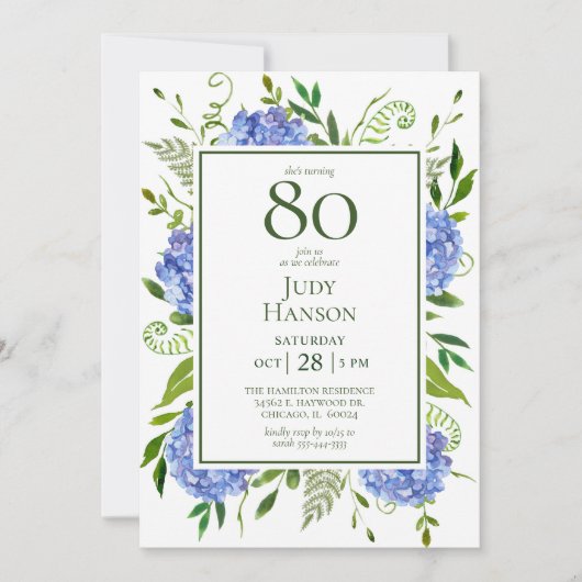 Invitation 80e anniversaire Blue Hydrangeas (Devant)