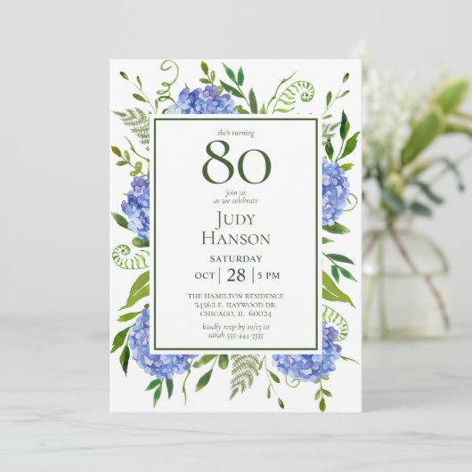 Invitation 80e anniversaire Blue Hydrangeas (Debout devant)