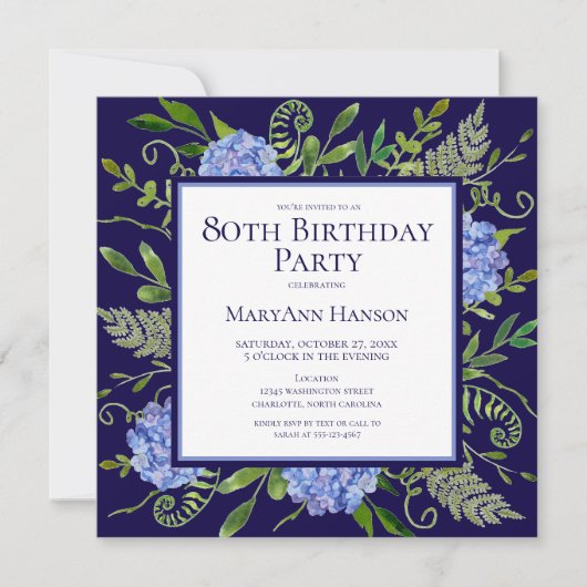 Invitation 80e anniversaire Blue Hydrangeas Floral Aquarelle (Devant)