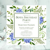 Invitation 80e anniversaire Blue Hydrangeas Floral Aquarelle