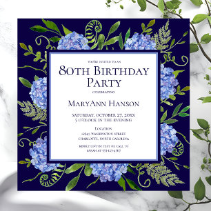 Invitation 80e anniversaire Blue Hydrangeas Floral Aquarelle