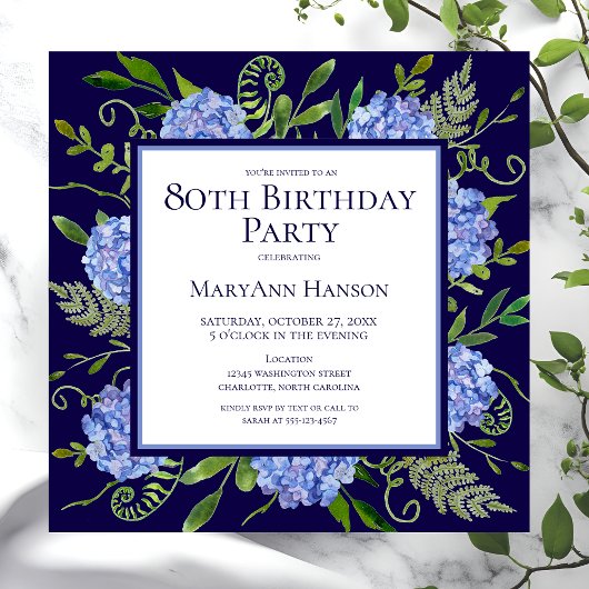 Invitation 80e anniversaire Blue Hydrangeas Floral Aquarelle
