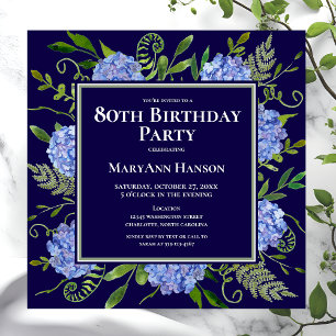Invitation 80e anniversaire Blue Hydrangeas Floral Aquarelle