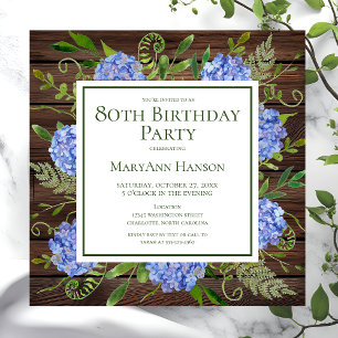 Invitation 80e anniversaire Blue Hydrangeas Floral Aquarelle