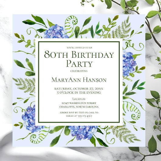 Invitation 80e anniversaire Blue Hydrangeas Floral Aquarelle
