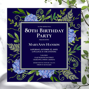 Invitation 80e anniversaire Blue Hydrangeas Floral Aquarelle
