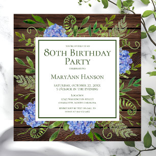 Invitation 80e anniversaire Blue Hydrangeas Floral Aquarelle