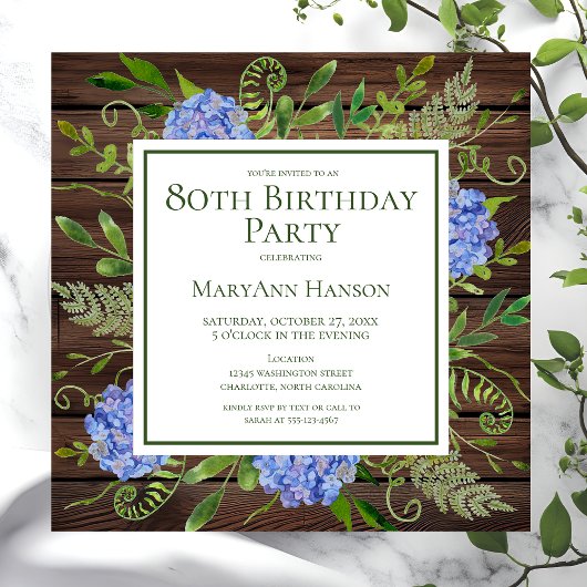 Invitation 80e anniversaire Blue Hydrangeas Floral Aquarelle