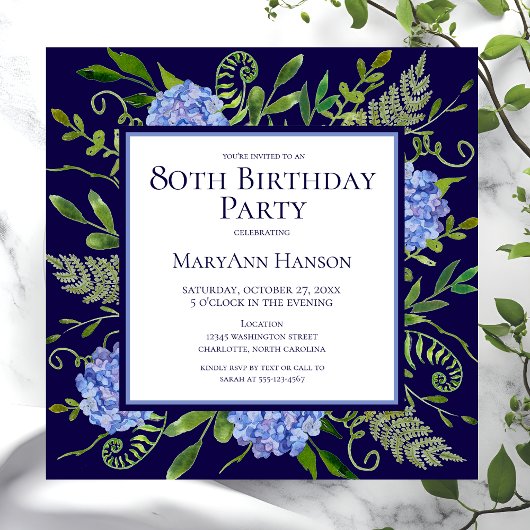 Invitation 80e anniversaire Blue Hydrangeas Floral Aquarelle