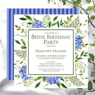 Invitation 80e anniversaire Blue Hydrangeas Floral Aquarelle