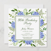 Invitation 80e anniversaire Blue Hydrangeas Floral Aquarelle (Devant)