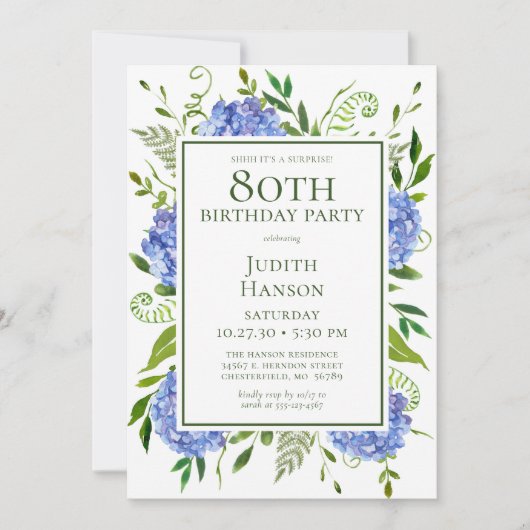 Invitation 80e anniversaire Blue Hydrangeas Surprise Party (Devant)