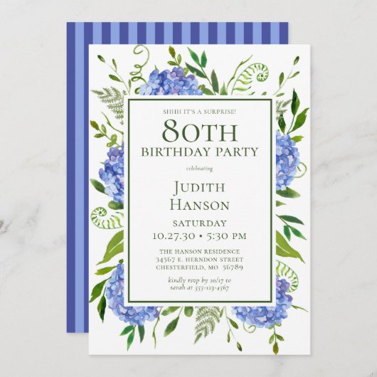 Invitation 80e anniversaire Blue Hydrangeas Surprise Party (Devant / Derrière)