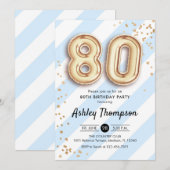 Invitation 80e anniversaire - Blue Stripes Gold Ballons (Devant / Derrière)