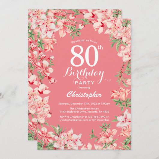 Invitation 80e anniversaire Boho rose fleurs botaniques flora (Devant / Derrière)