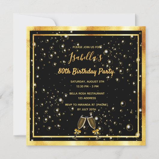 Invitation 80e anniversaire bulles d'or noir (Devant)