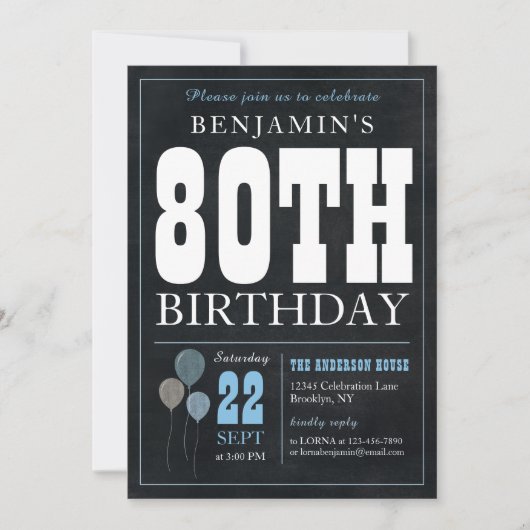 Invitation 80e anniversaire Chalkboard Blue Balloon Rustic Ch (Devant)